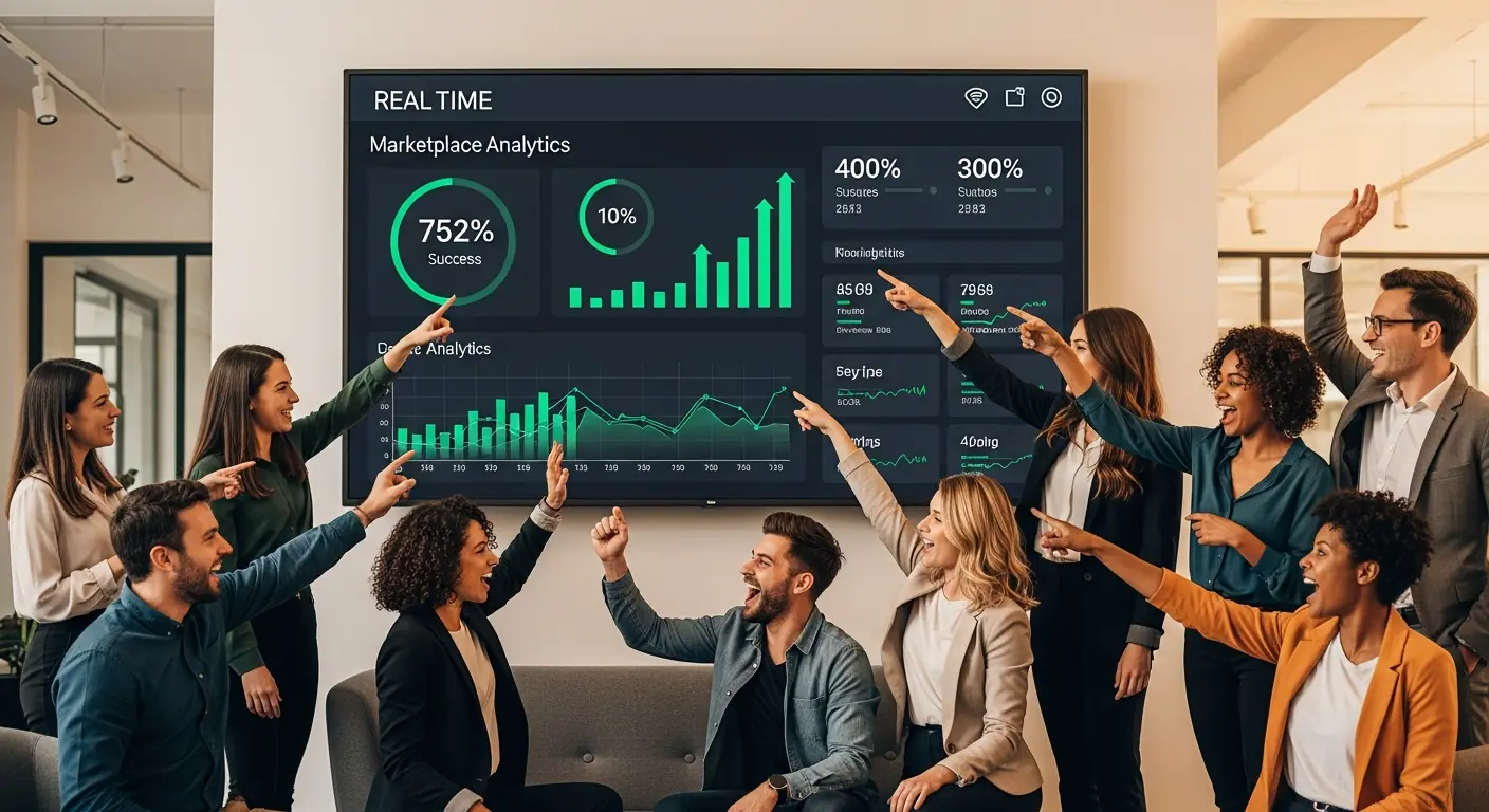 Équipe célébrant le lancement réussi d'une marketplace