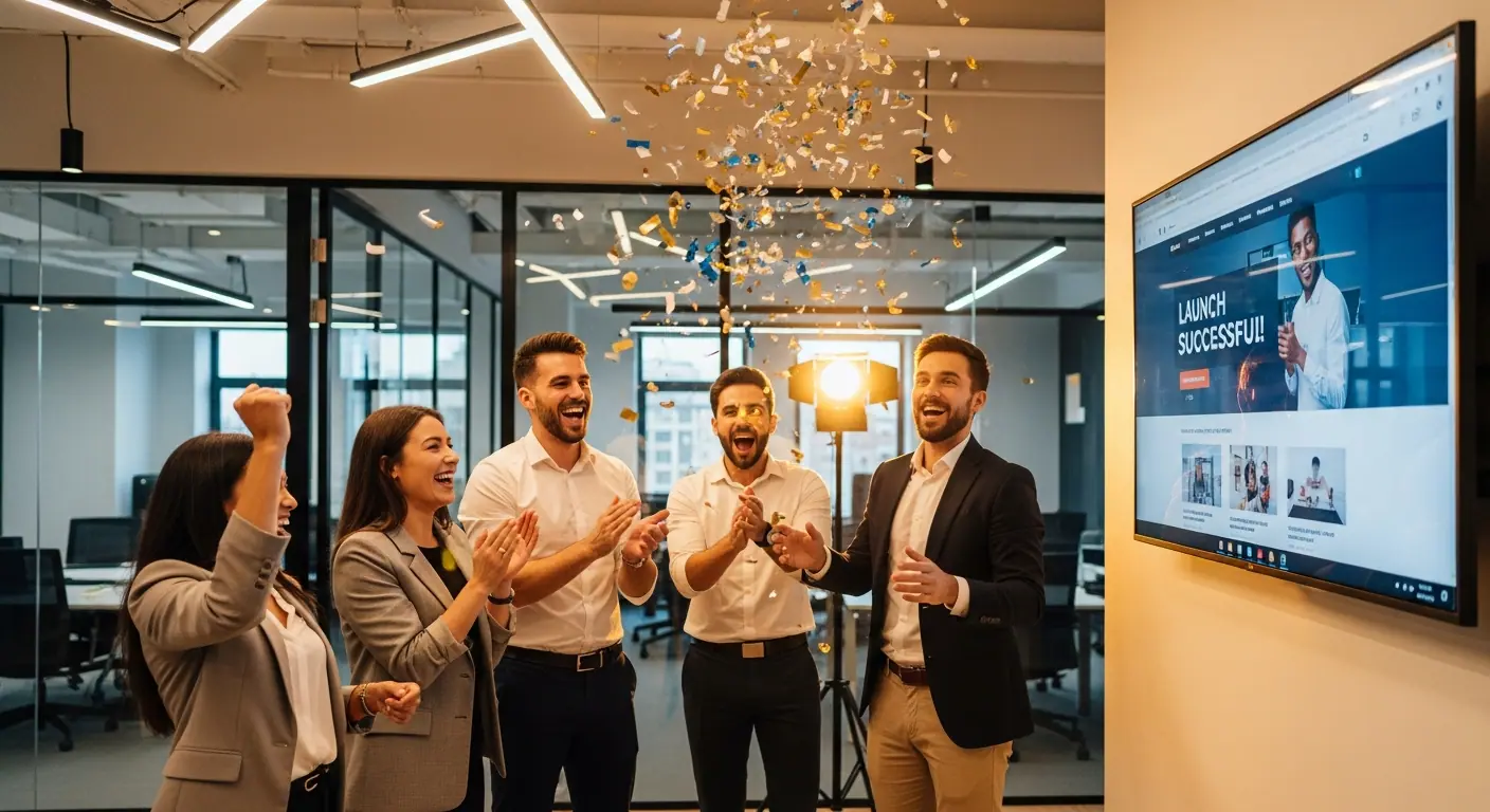 Équipe célébrant le lancement d'une marketplace