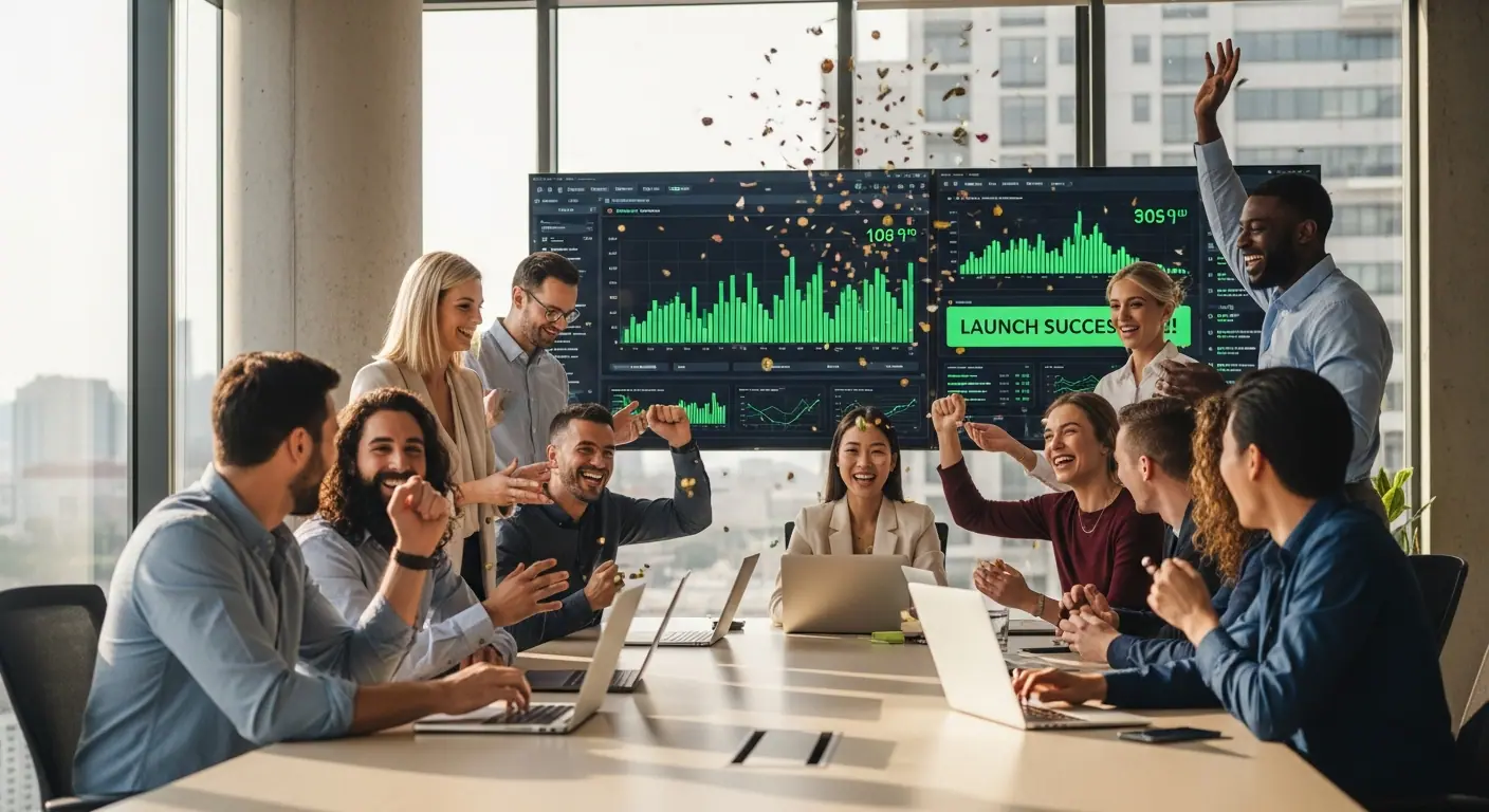 Équipe Marketplace Builder Factory célébrant un lancement réussi