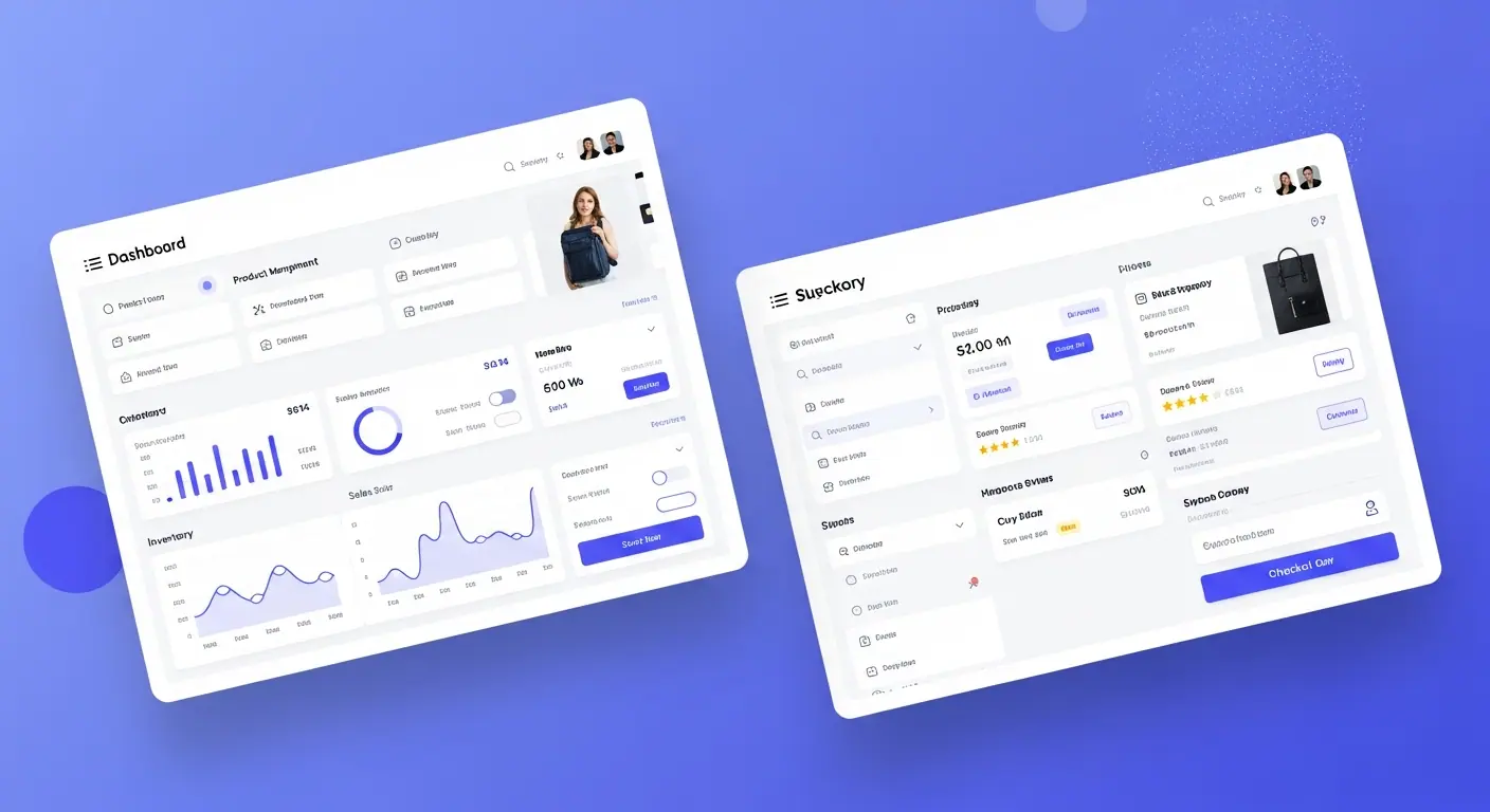 Interface complète d'une marketplace avec panneau vendeur et interface acheteur côte à côte