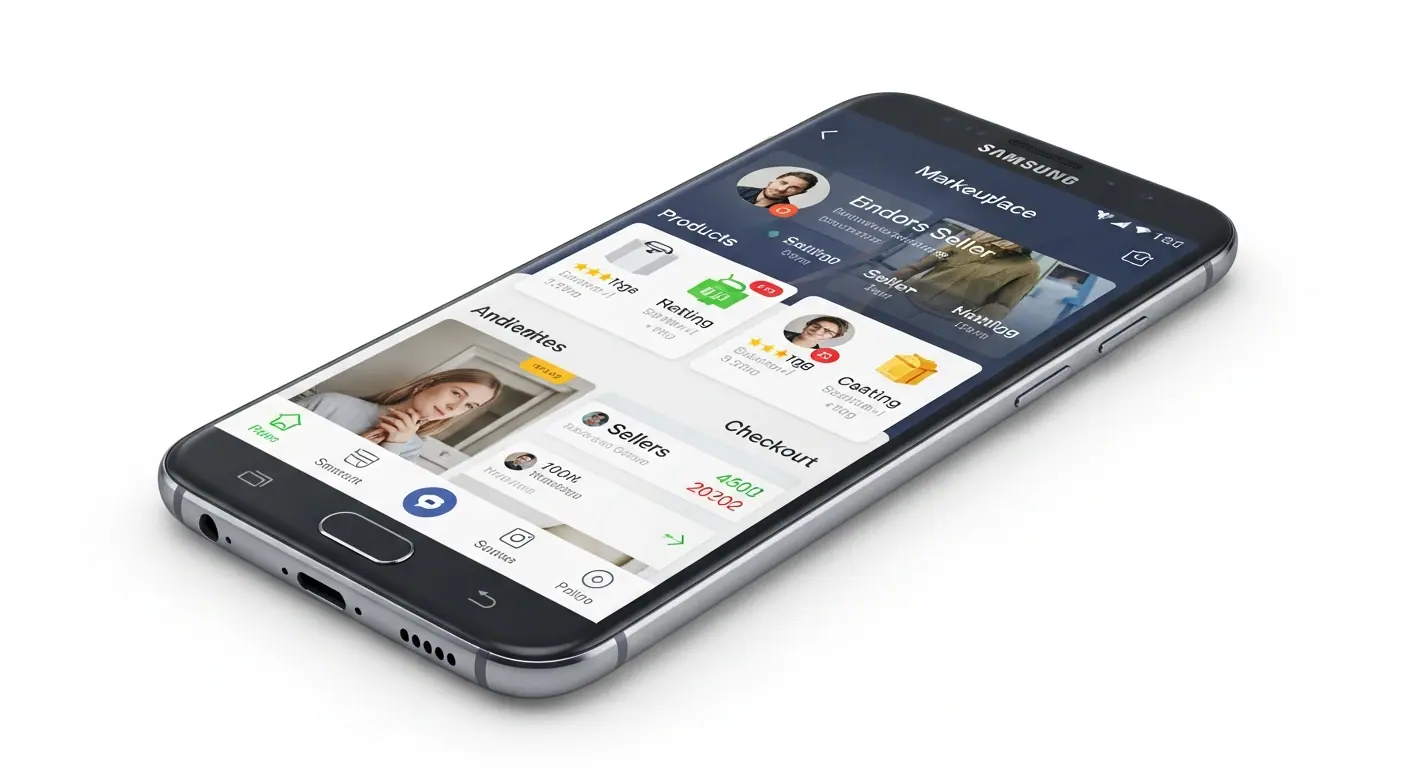 Maquette d'une application marketplace Android sur smartphone